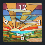 Art Deco Stained Glass 1 Square Wall Clock<br><div class="desc">10.75” x 10.75” acrylic wall clock with an Art Deco stained glass image of a landscape scene. See the entire Roaring 20s Clock collection in the DECOR | Clocks section.</div>