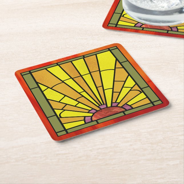 Art Deco Stained Glass 3 Square Paper Coaster (Angled)