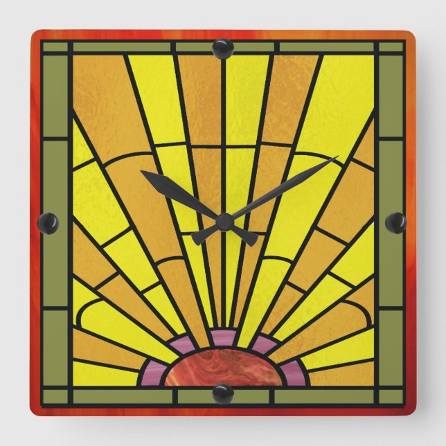 Art Deco Stained Glass 3 Square Wall Clock (Front)