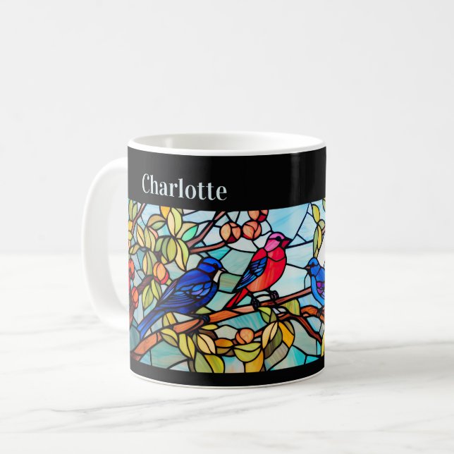 Art Deco Stained Glass Birds Personalised Coffee Mug (Front Left)