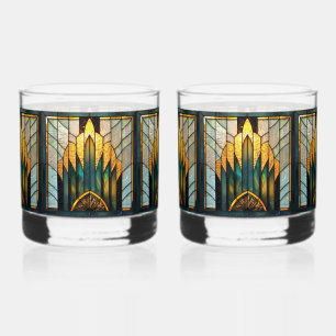 Art Deco Stained Glass in Gold Green Black