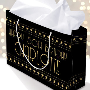 Art Deco Star Custom Age Name Black Gold Large Gift Bag