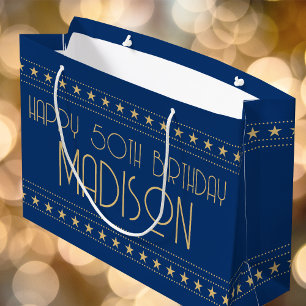 Art Deco Star Custom Age Name Blue Gold Large Gift Bag