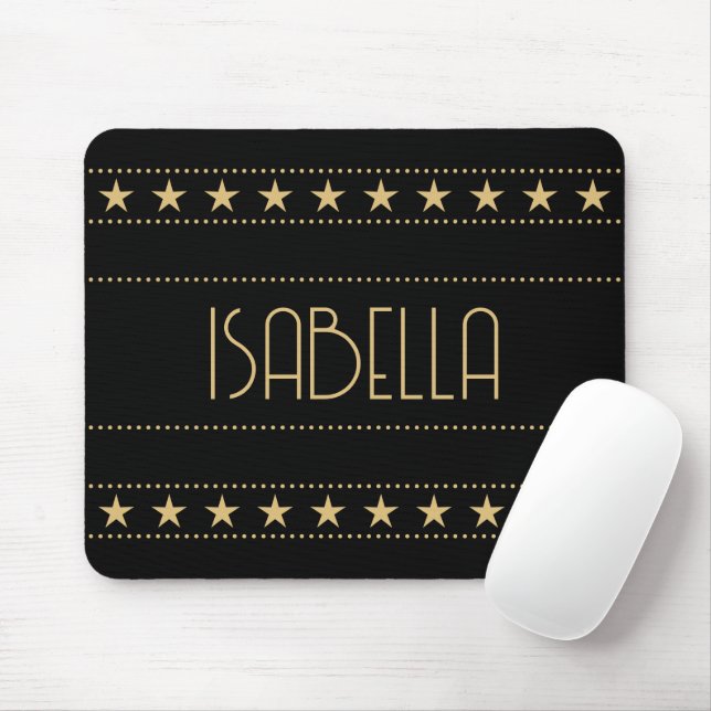 Art Deco Star Custom Name Black Gold Mouse Pad (With Mouse)