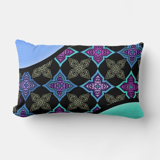 Art Deco Star Flowers Aqua Violet Blue on Black -2 Lumbar Cushion (Front)