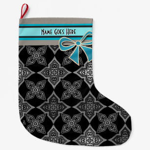 Art Deco Star Flowers Black Gray Aqua Personalized Large Christmas Stocking