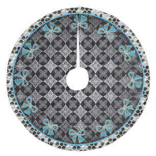 Art Deco Star Flowers Black - White with Blue Bows Fleece Tree Skirt