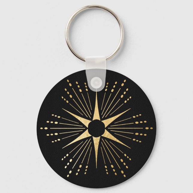 Art Deco Starburst Black and Gold Key Ring (Front)