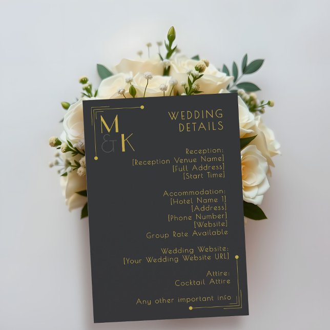 Art Deco Style 1920 Wedding Details Black Gold Enclosure Card (Add your wedding details!)
