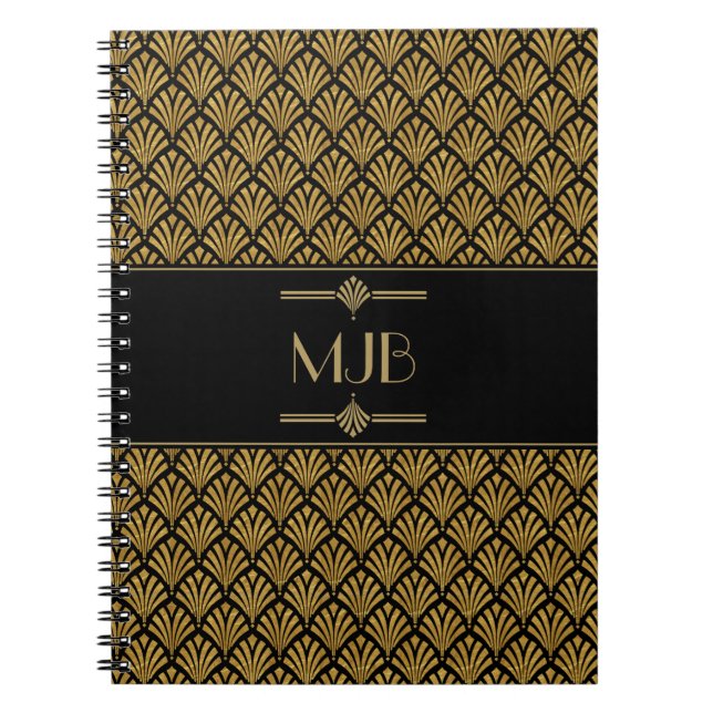 Art Deco Style Black and Gold Fan Pattern Notebook (Front)
