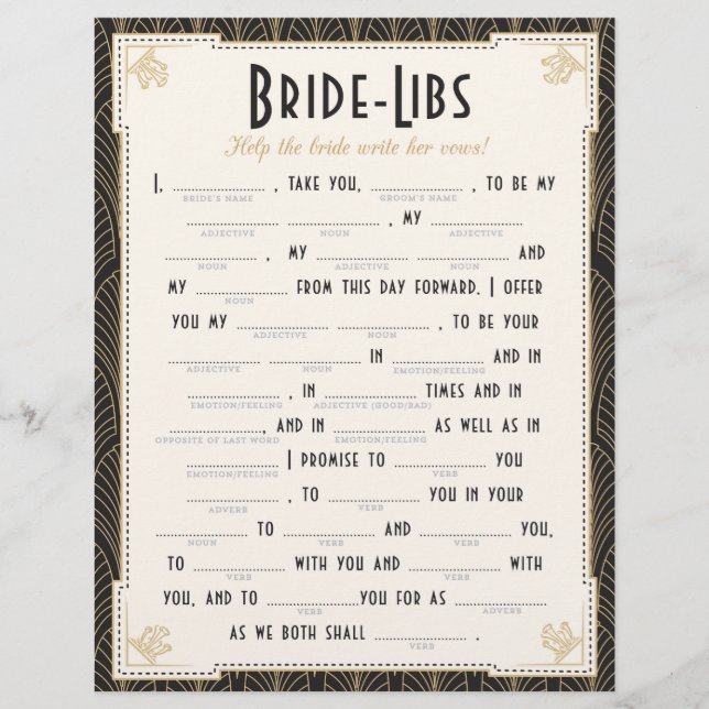 Art Deco Style Bride Libs Game (Front)