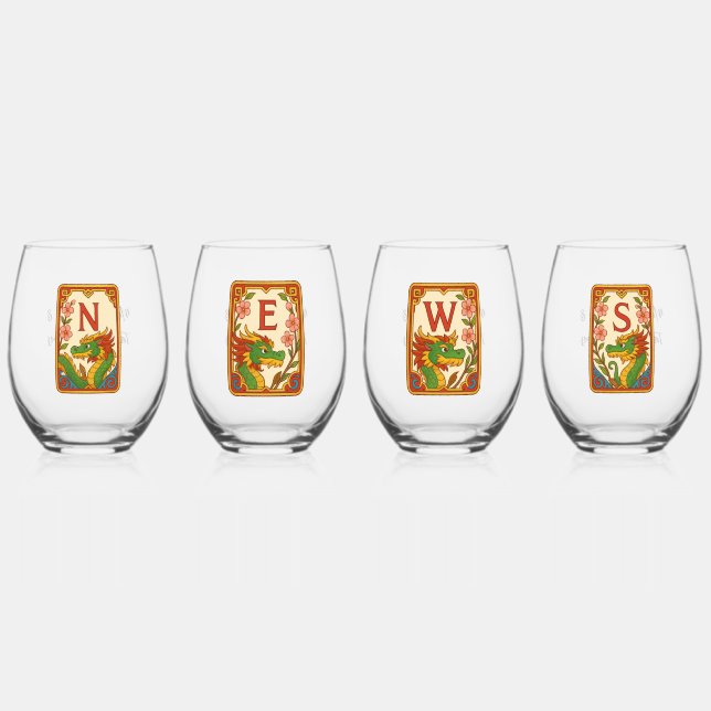 Art Deco Style Mahjong Winds & Dragons Stemless Wine Glass (Front)