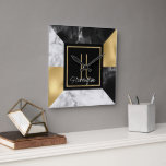 Art Deco Style Marble and Gold Monogrammed  Square Wall Clock<br><div class="desc">Modern take on an Art Deco inspired wall clock, done in a geometric pattern of gold tone foil, white marble and black marble. A black and gold square, in the middle, has a golden yellow single letter monogram and white text ready to personalise. Lovely home decor and makes a great...</div>