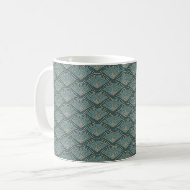 Art Deco style pattern in teal blue colour Coffee Mug (Front Left)