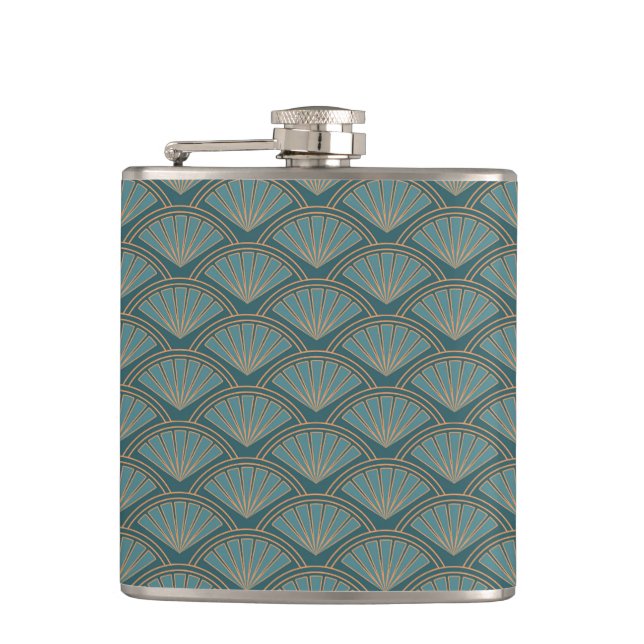 Art Deco style pattern in teal blue colour Hip Flask (Front)