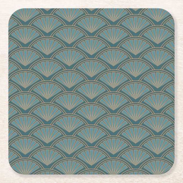 Art Deco style pattern in teal blue colour Square Paper Coaster (Front)