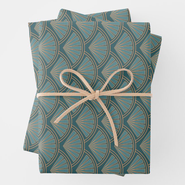 Art Deco style pattern in teal blue colour Wrapping Paper Sheet (In situ)