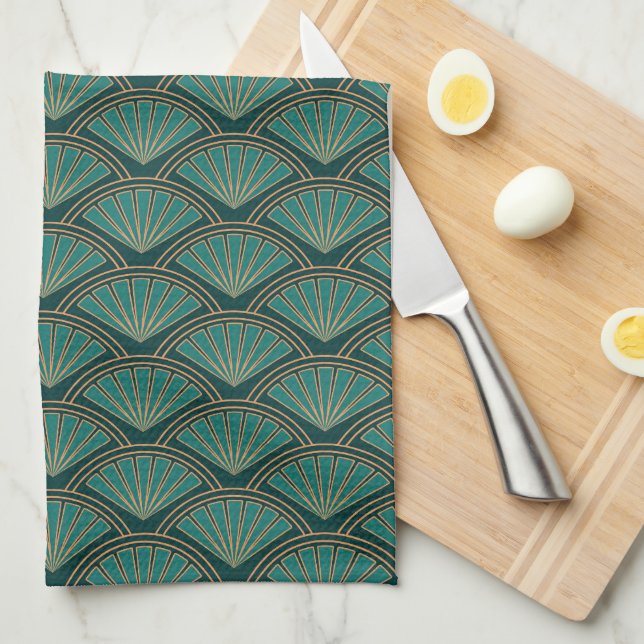 Art Deco style pattern in teal green colour Tea Towel (Quarter Fold)