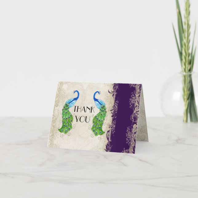 Art Deco Style Peacock Dark Purple Thank You Notes (Front)