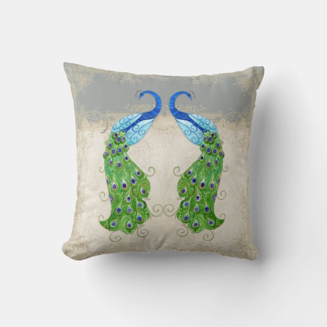 Art Deco Style Peacock Grey Vintage Lace Cushion (Front)