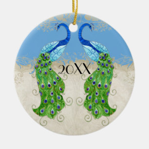 Art Deco Style Peacock Sky Blue Vintage Lace Ceramic Tree Decoration