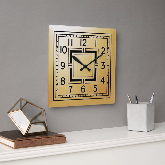 Art Deco Style Square Clock in Gold. (Office)