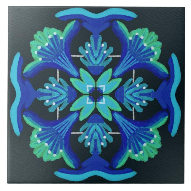 Art Deco style watercolour black blue green floral Tile (Front)
