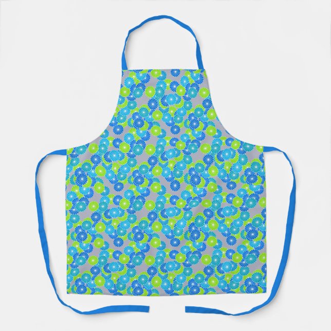Art Deco Stylised Flower Pattern Blue & Lime Green Apron (Front)