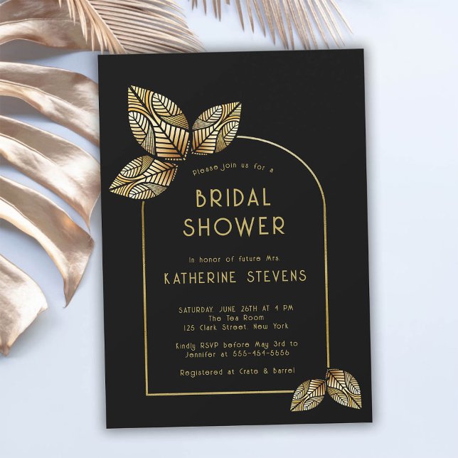 Art Deco Stylised Leaves Boho Frame Bridal Shower Invitation (art deco bridal shower invitation botanical gold leaf boho arch black stylized gatsby roaring 20s )