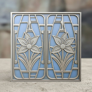 Art Deco Stylized Lily Floral #10 Blue ID1196 Tile