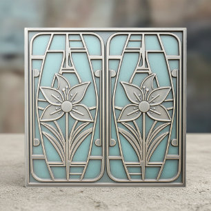 Art Deco Stylized Lily Floral #10 Teal ID1196 Tile