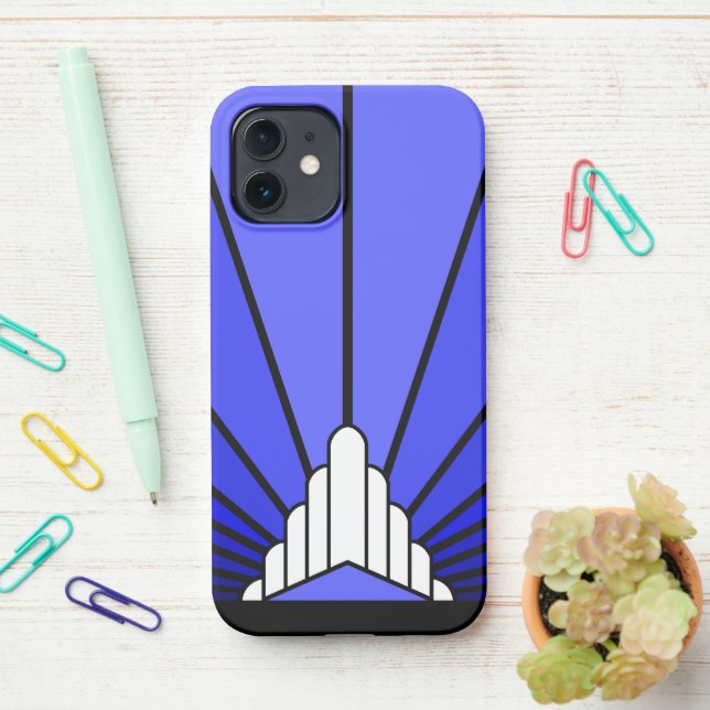 Art deco sun in blue iPhone case (On Desk)