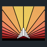 Art deco sun in dawn poster<br><div class="desc">A classic art deco style sun pattern in dawn colors. 

An iconic pattern of the sun rising from behind a stylized art deco shaped building. A simple yet elegant design,  true to the era.</div>