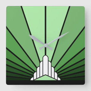 Art deco sun in green square wall clock