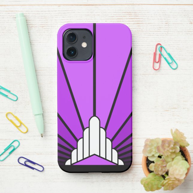 Art deco sun in purple iPhone case (On Desk)