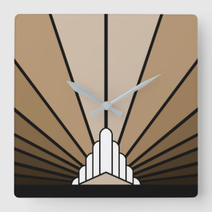 Art deco sun in tan square wall clock
