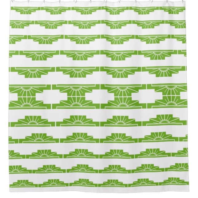 Art Deco Sunburst Pattern in White and Lime Shower Curtain (Front)