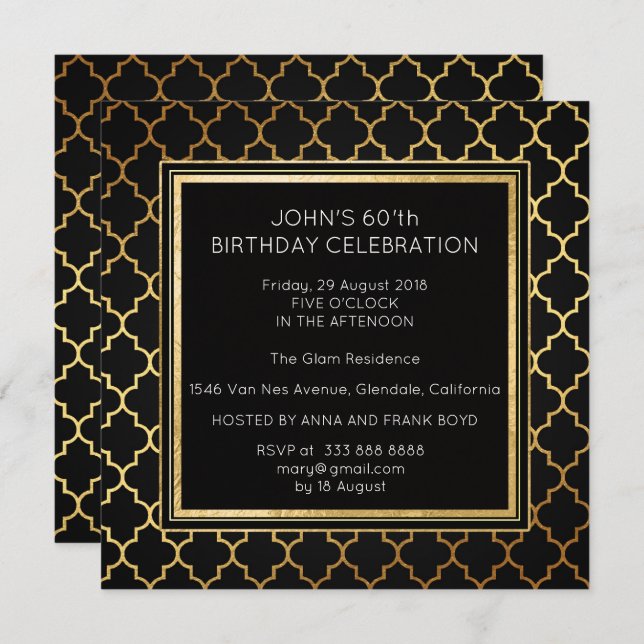 Art Deco Suprise Birthday Party Black Golden Foil Invitation (Front/Back)