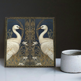 Art Deco Swans Wall Decor Art Nouveau Crane Swan Tile