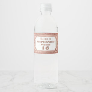 Art Deco Sweet 16 Rose Gold and Blush Pink Favour Water Bottle Label
