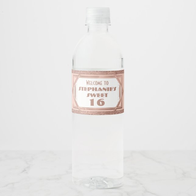 Art Deco Sweet 16 Rose Gold and Blush Pink Favour Water Bottle Label (Front)