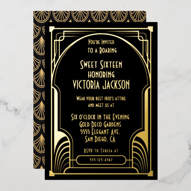 Art Deco Sweet Sixteen Birthday Party Gold & Black (Front/Back)