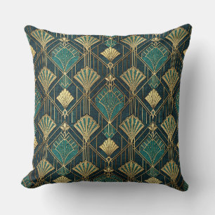 Art Deco Teal and Gold Geometric Abstract Pattern Cushion