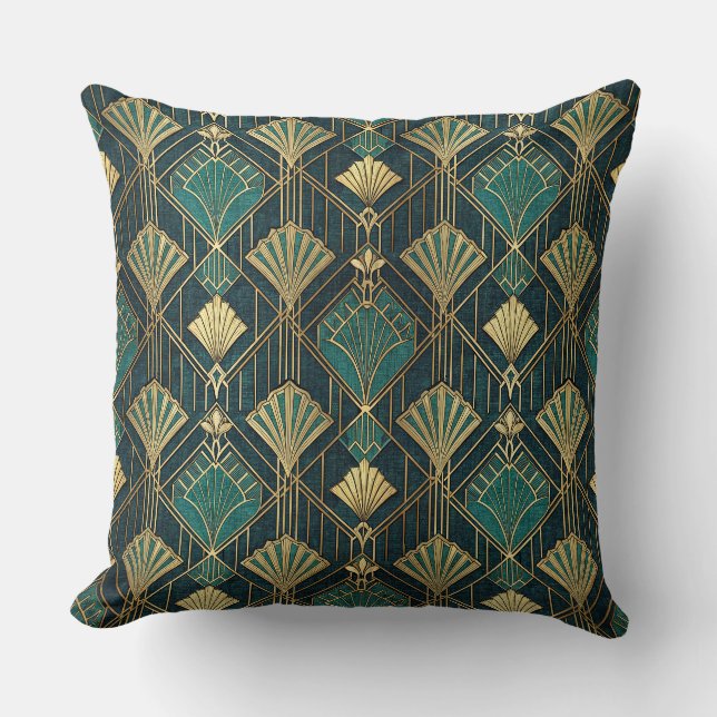 Art Deco Teal and Gold Geometric Abstract Pattern Cushion (Front)