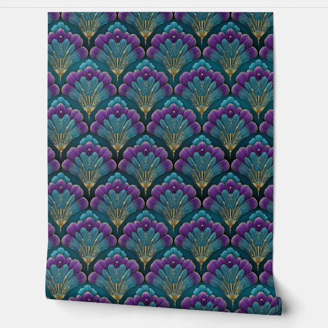Art Deco Teal and Purple Fans Wallpaper (Unrolling)