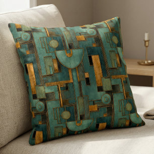 Art Deco Teal Gold Geometric Pattern Cushion