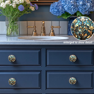 Art Deco Teal Gold Rust Blue Art Nouveau  Ceramic Knob