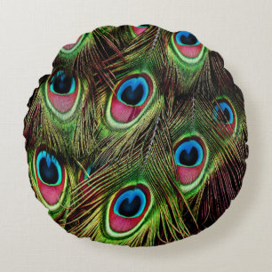 art deco teal green turquoise peacock feather round cushion