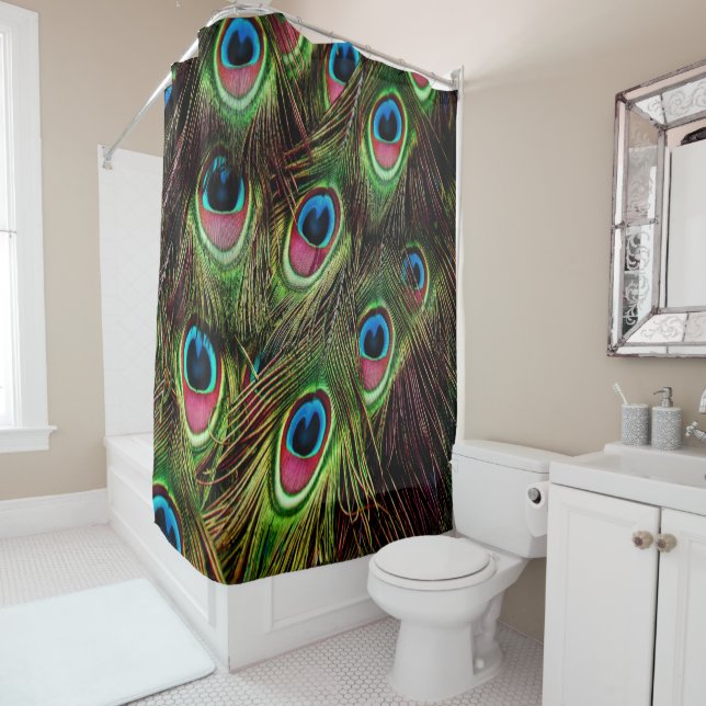 art deco teal green turquoise peacock feather shower curtain (In Situ)