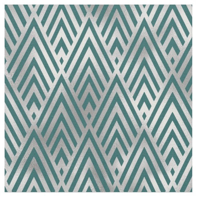 Art Deco Teal Silver Geometric Line Diamond Fabric (Close Up)
